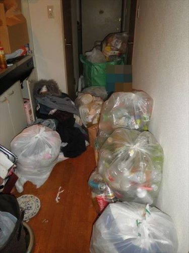 来客の予定にも関わらず、廊下から玄関までゴミが散らかった寝屋川市の部屋の片付け